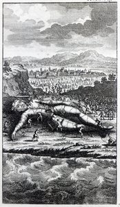 Gulliver capturado pelos liliputianos, ilustração de &39;viagens de Gulliver&39; por Jonathan Swift de English School